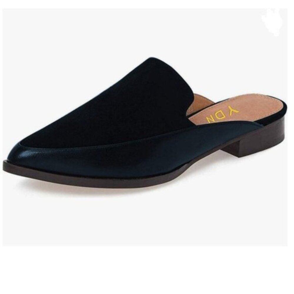 YDN Navy Low Heels Mules Slip On Loafers Pointy Toe Clogs Slide Slipper Shoes